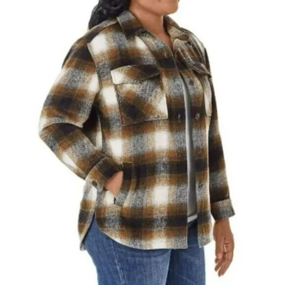 Members Mark Womens XS Relaxed Fit Button Brown Plaid Shacket NWOT Oversized - Picture 1 of 10